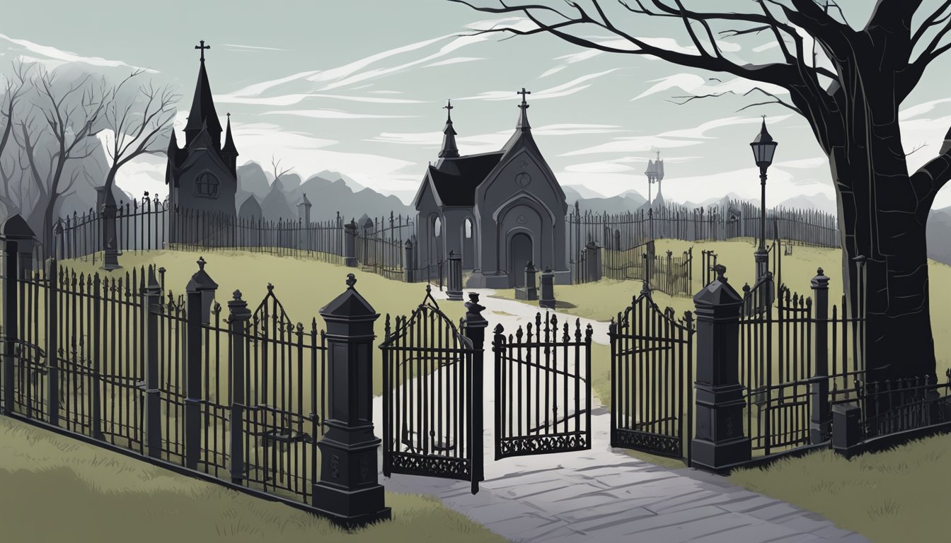 A dark, somber graveyard with a wrought iron fence surrounding a plot, leading to a conclusion