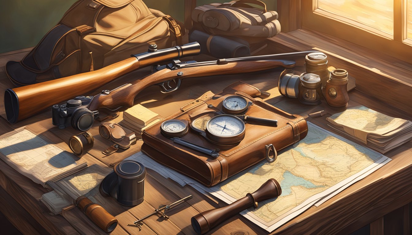 A hunter's gear laid out on a wooden table, surrounded by maps, compass, and a rifle. The soft glow of the morning sun filters through the window, casting a warm light on the scene