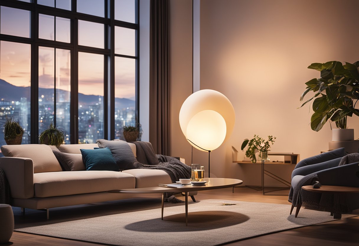 Moderna dnevna soba s Philips Hue sustavom rasvjete koji osvjetljava prostor, stvarajući toplu i futurističku atmosferu