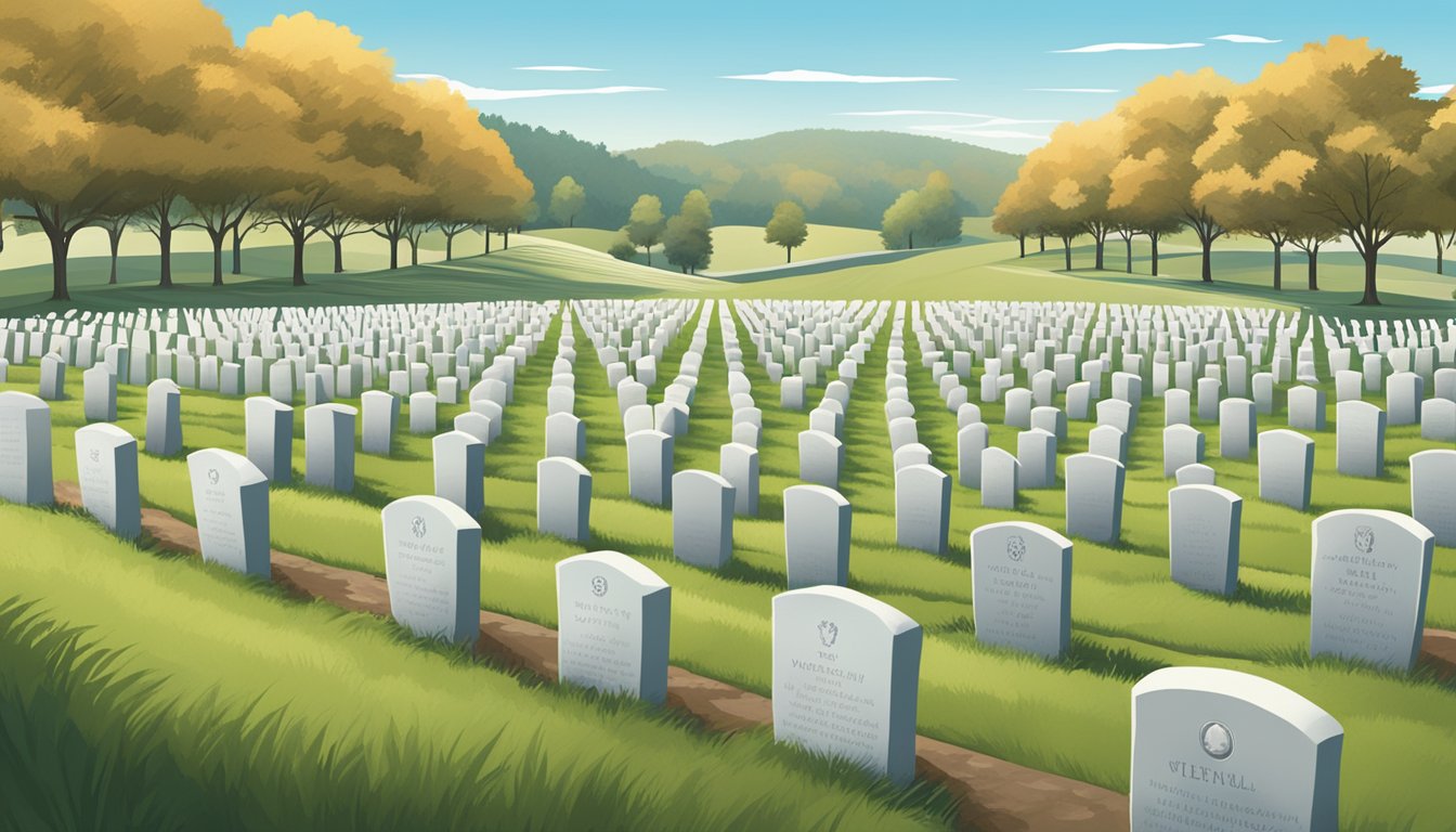 A serene veterans cemetery, with rows of uniform headstones set against a backdrop of rolling hills and a clear blue sky