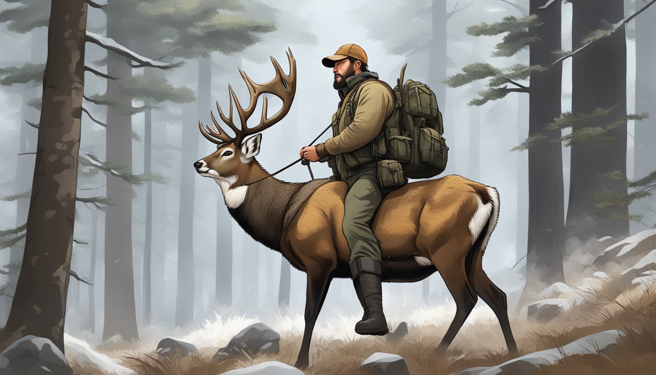 A hunter carrying a heavy, freshly caught deer through a rugged forest, with a mix of exhaustion and pride evident in their posture