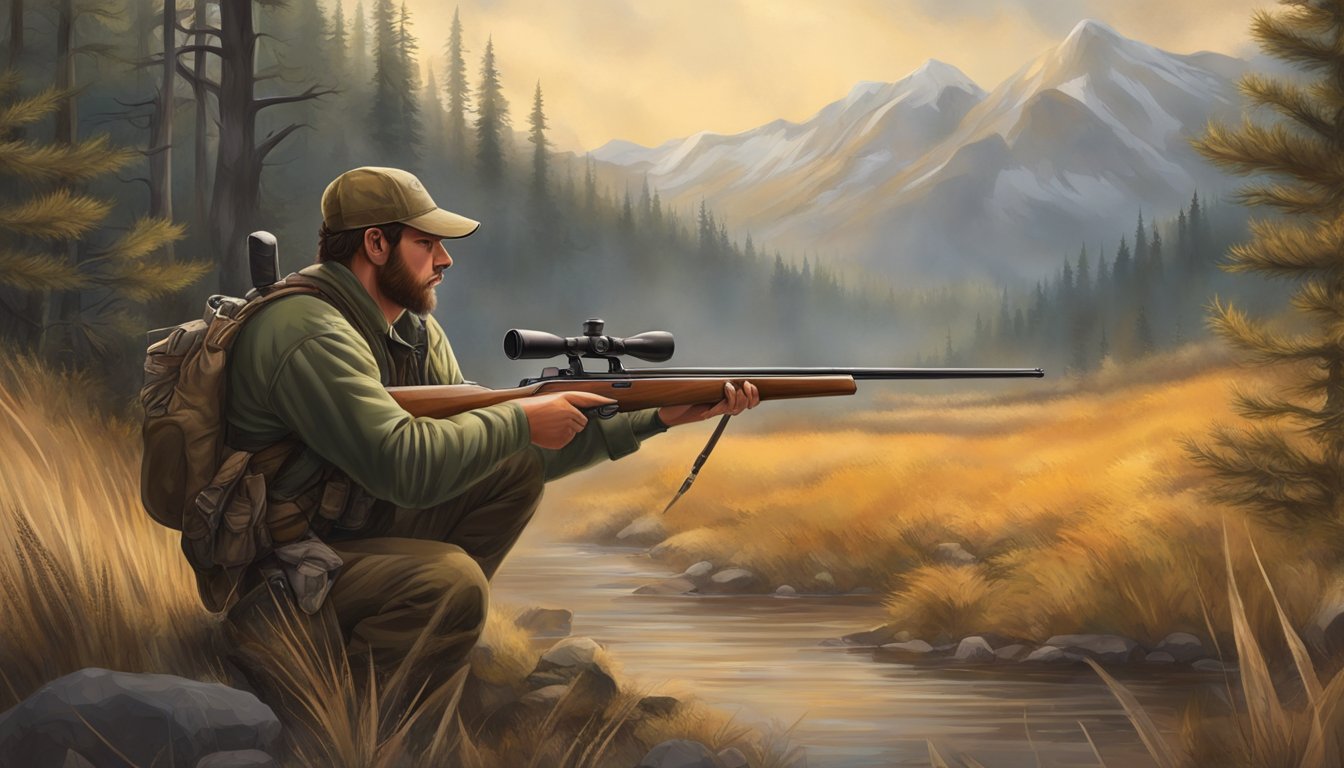 A hunter's first successful kill, surrounded by the natural beauty of the wilderness, with a sense of accomplishment and reverence for the animal