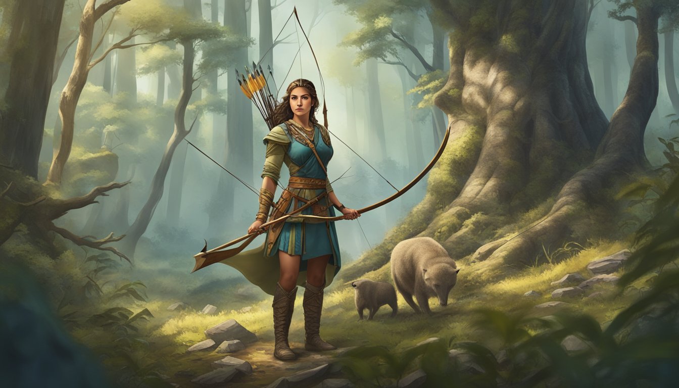 A female hunter dressed in traditional attire, poised with a bow and arrow in a forest clearing, surrounded by wildlife and ancient symbols