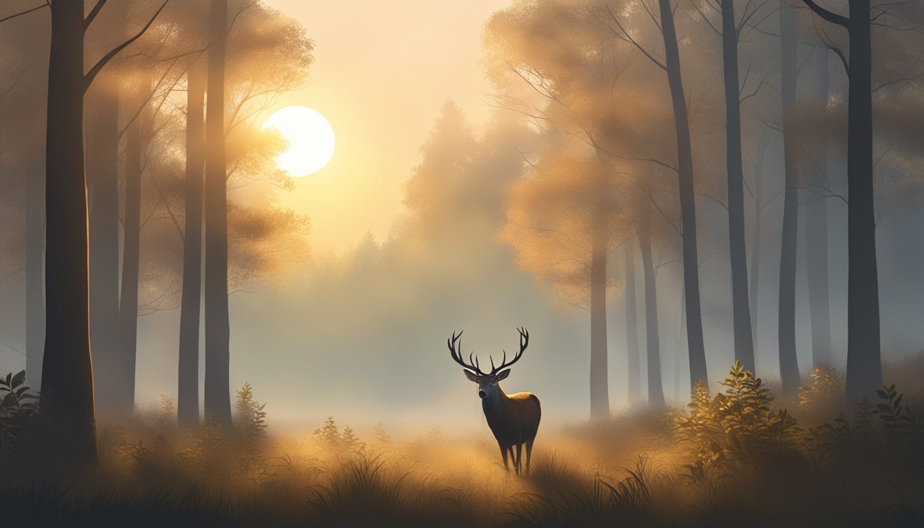 A misty forest clearing at dawn, with a deer grazing peacefully as the sun rises, casting a warm glow on the surrounding foliage