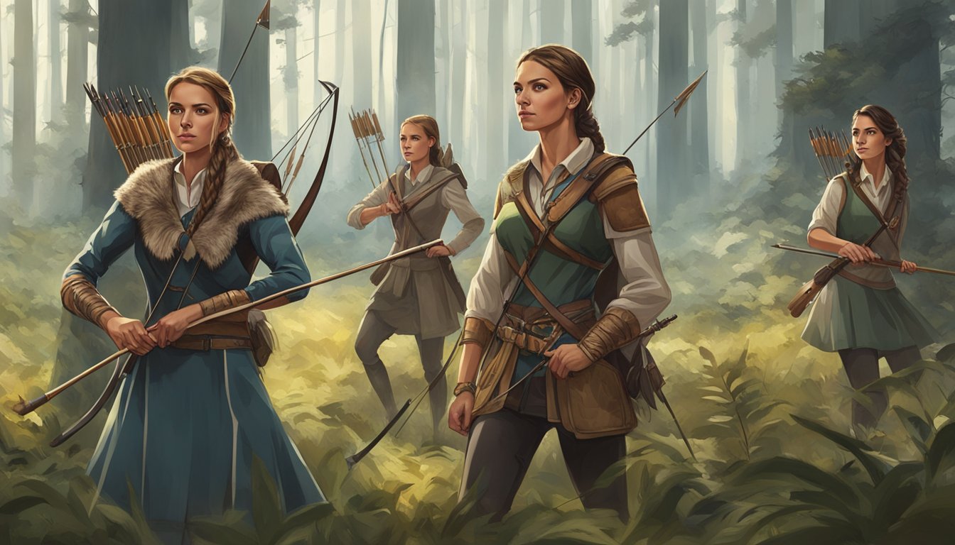 A group of modern huntresses in traditional hunting attire, confidently wielding bows and arrows in a forest clearing