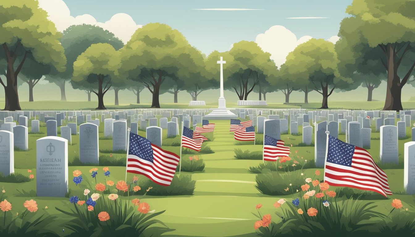 A solemn cemetery plot reserved for veterans, marked with flags and surrounded by well-tended grounds