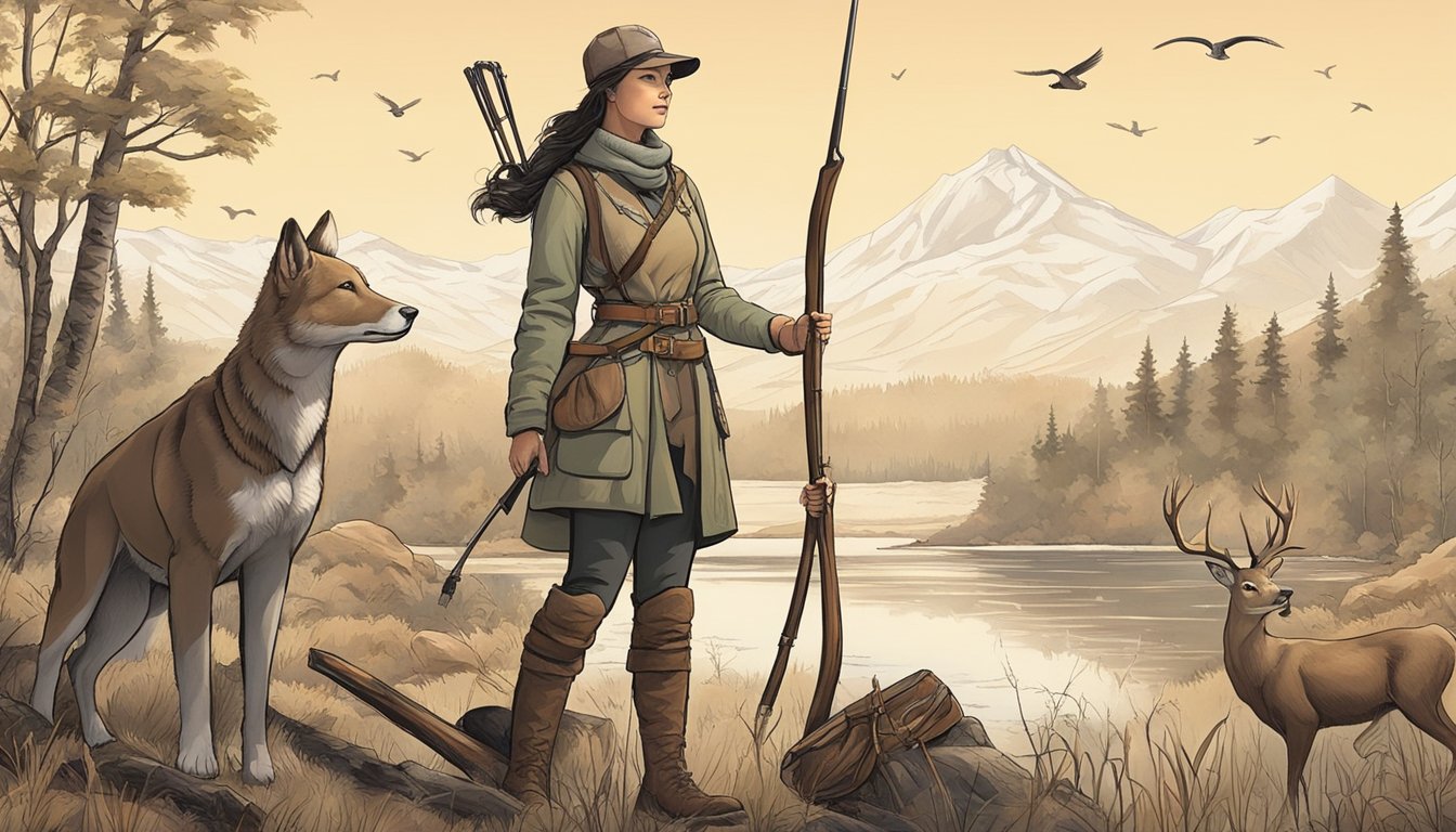 A female figure stands proudly in a natural setting, surrounded by wildlife and traditional hunting tools. The scene exudes a sense of respect for nature and the balance between femininity and the hunting tradition