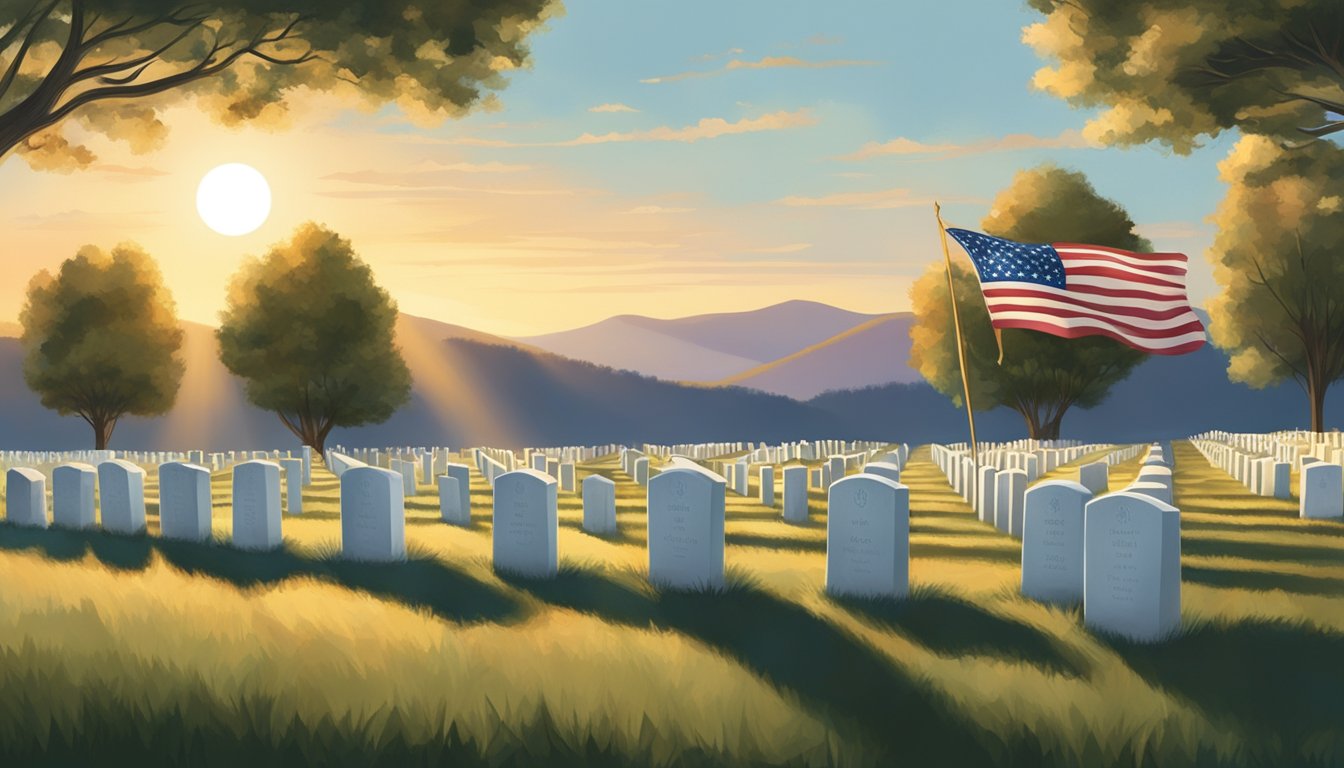 A row of identical white headstones stretches into the distance, each adorned with a small American flag. The sun sets behind the hill, casting a warm glow over the solemn scene