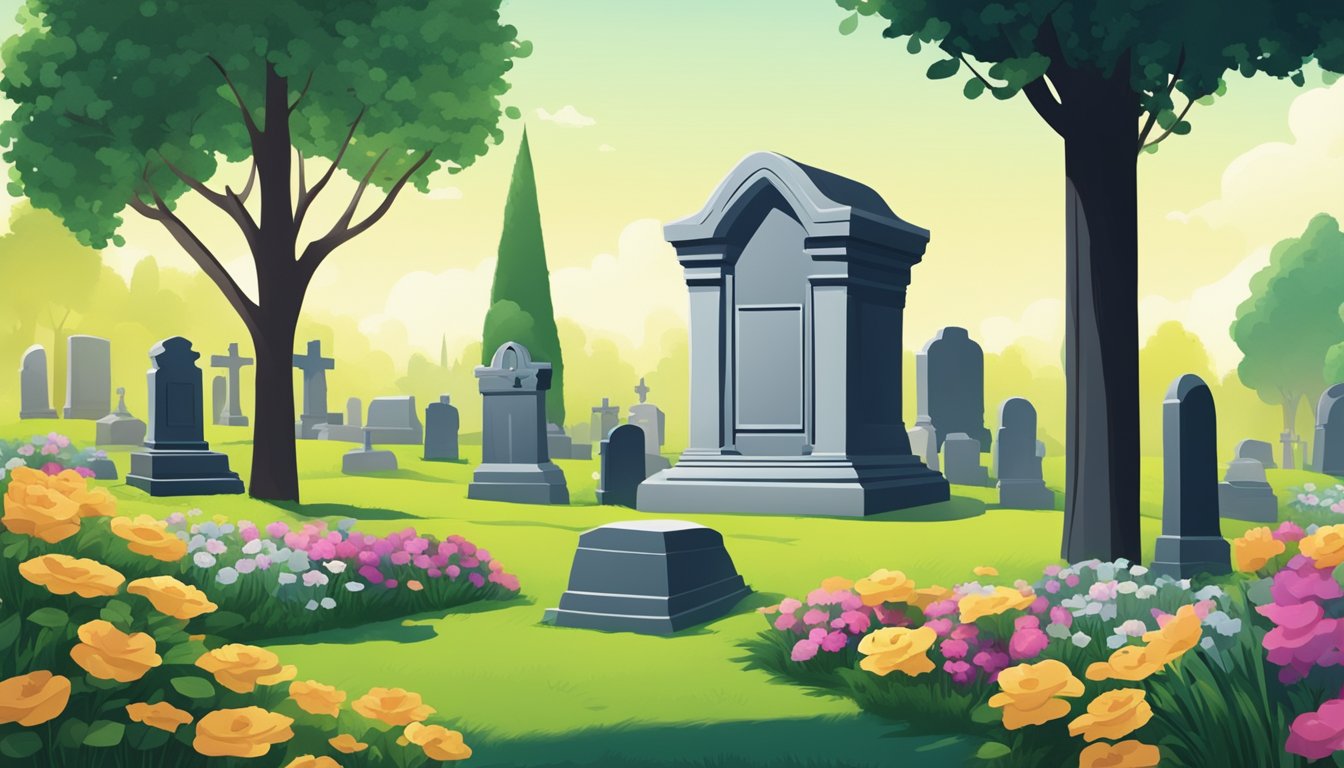 A serene cemetery plot with a gravestone, surrounded by lush green grass, colorful flowers, and tall trees casting shadows