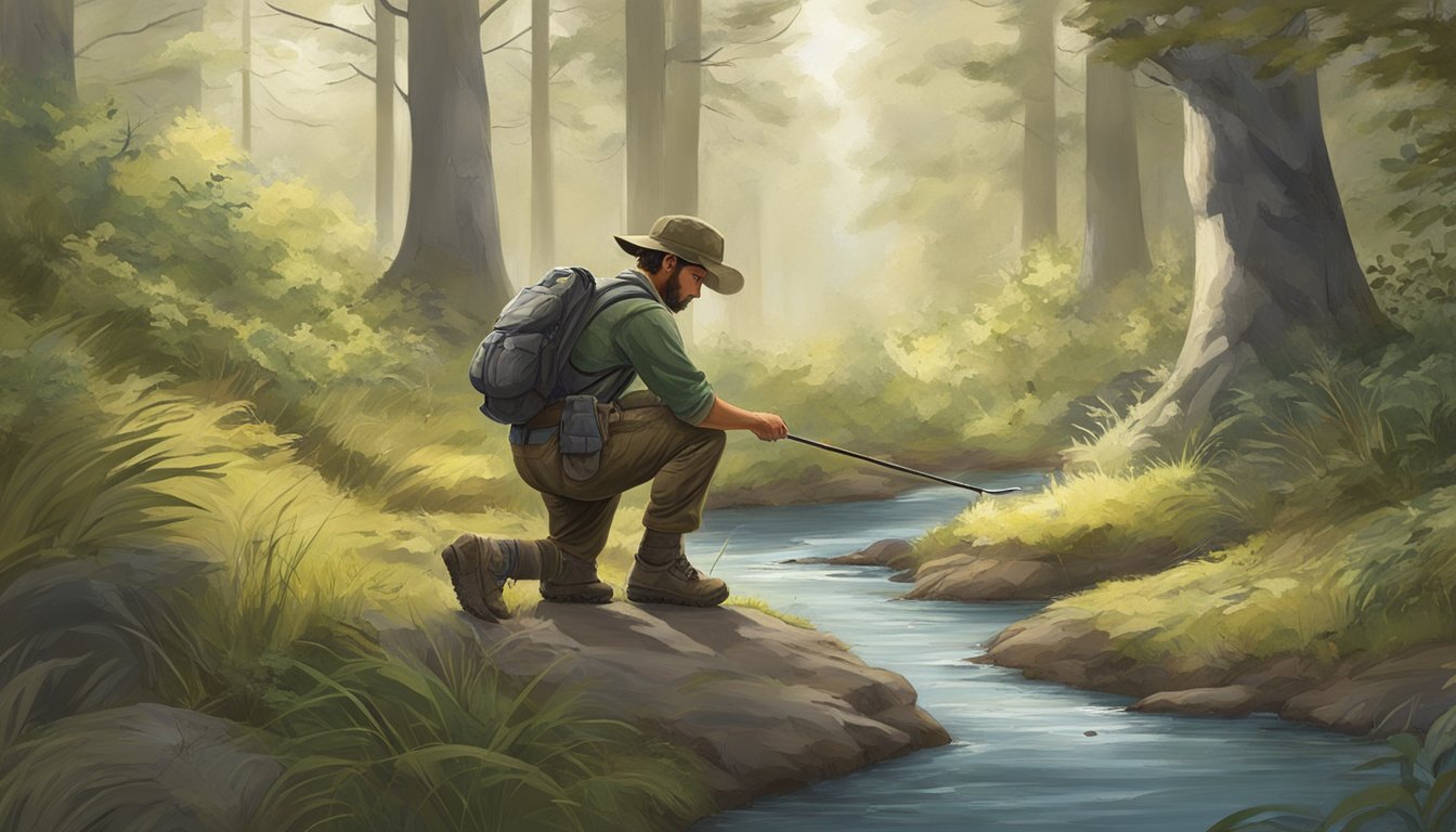 A hunter crouches near animal tracks, studying the imprints in the earth and the surrounding vegetation for clues. Nearby, a small stream winds through the forest, adding to the serene atmosphere