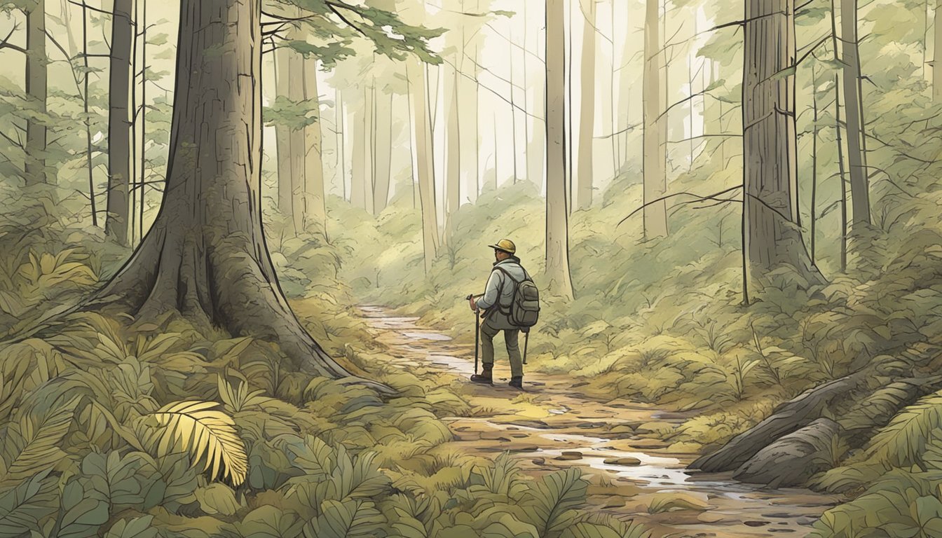 A forest floor covered in tracks, scat, and feathers. A hunter crouches, studying the signs left by passing animals