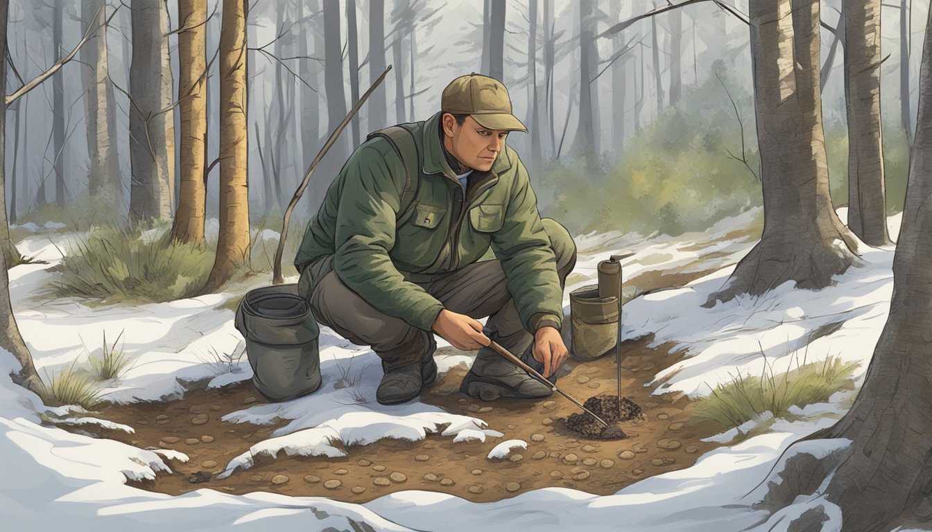 A hunter quietly observes animal tracks and scat in the forest, studying the signs of wildlife movement and behavior