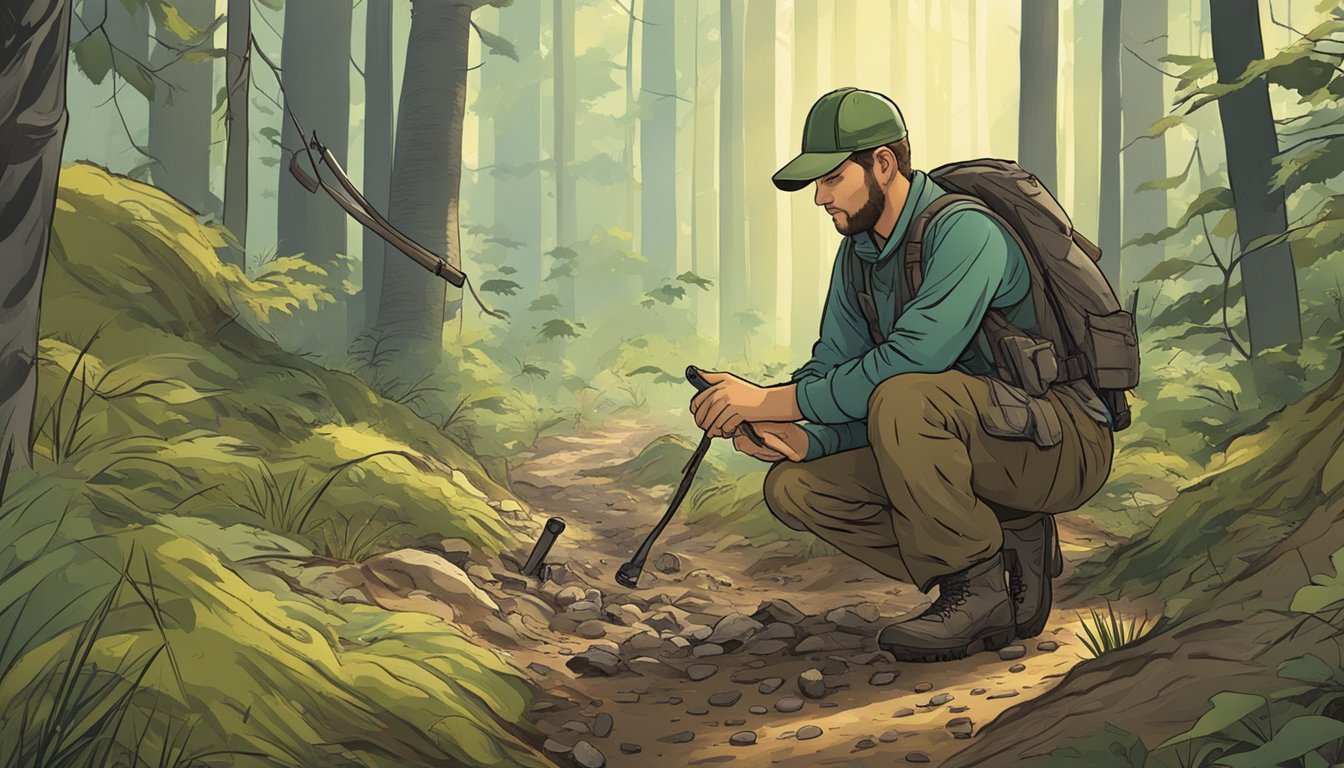 The forest floor is littered with tracks and scat, revealing the dietary patterns of the wild animals. A hunter carefully studies the signs, decoding the secrets of the hunt