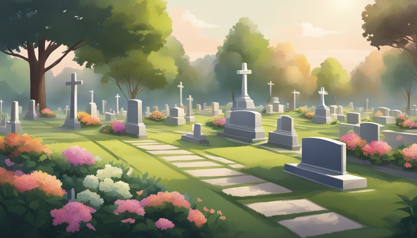 A serene cemetery with neatly arranged burial plots, surrounded by lush greenery and peaceful surroundings