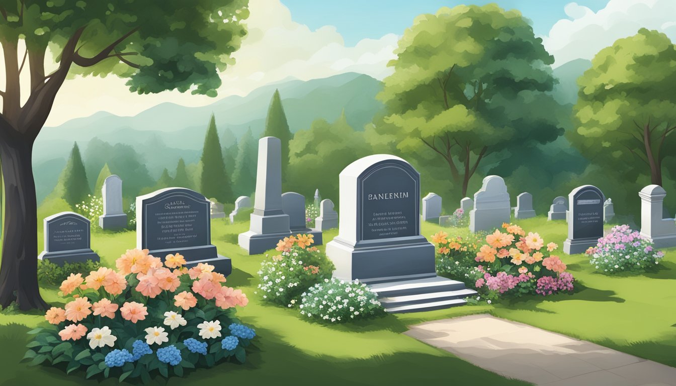 A serene cemetery plot with a custom headstone, surrounded by lush greenery and flowers