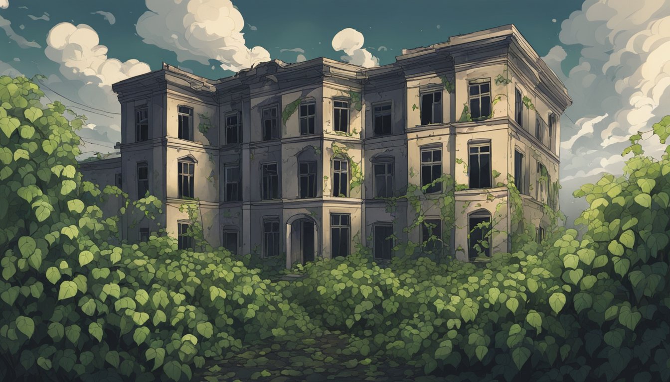 A dark, abandoned asylum with broken windows and overgrown vines