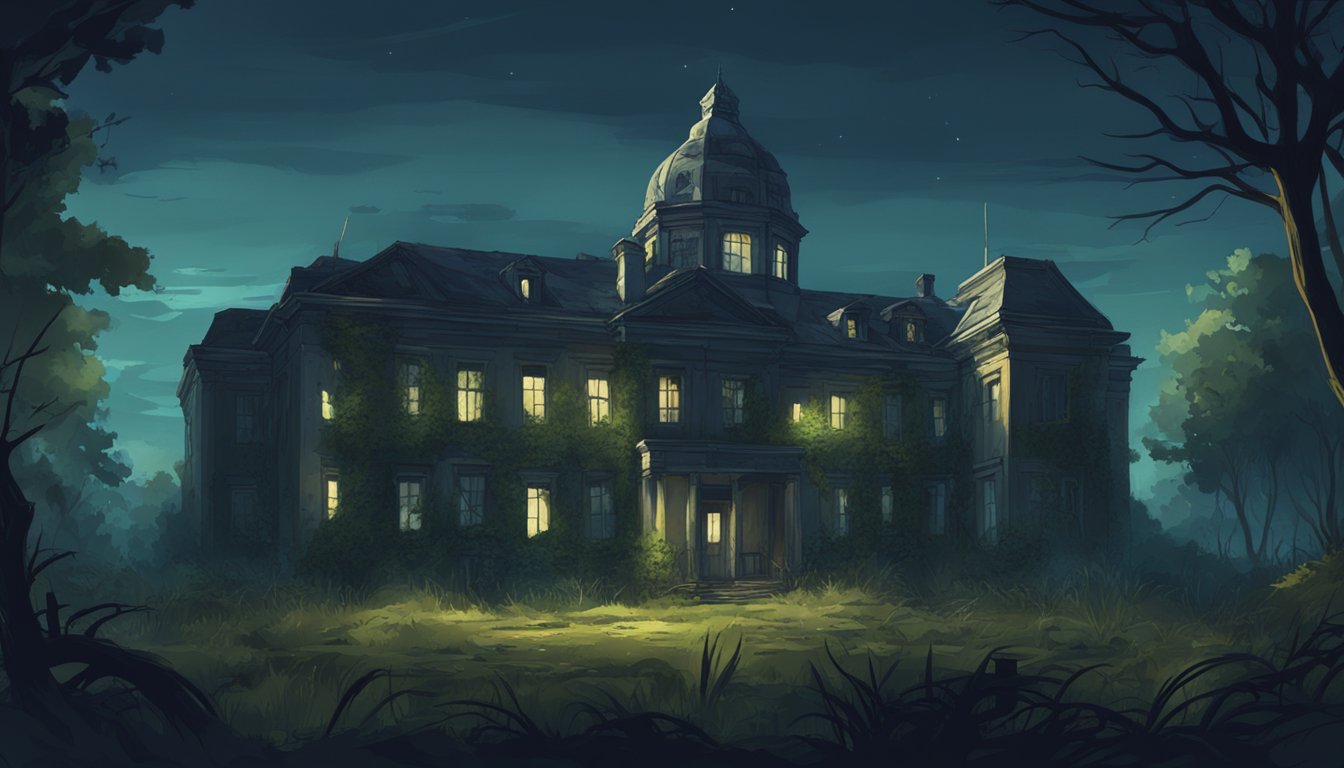 An abandoned asylum at night, eerie and dilapidated, with broken windows and overgrown vegetation. A sense of foreboding and mystery lingers in the air