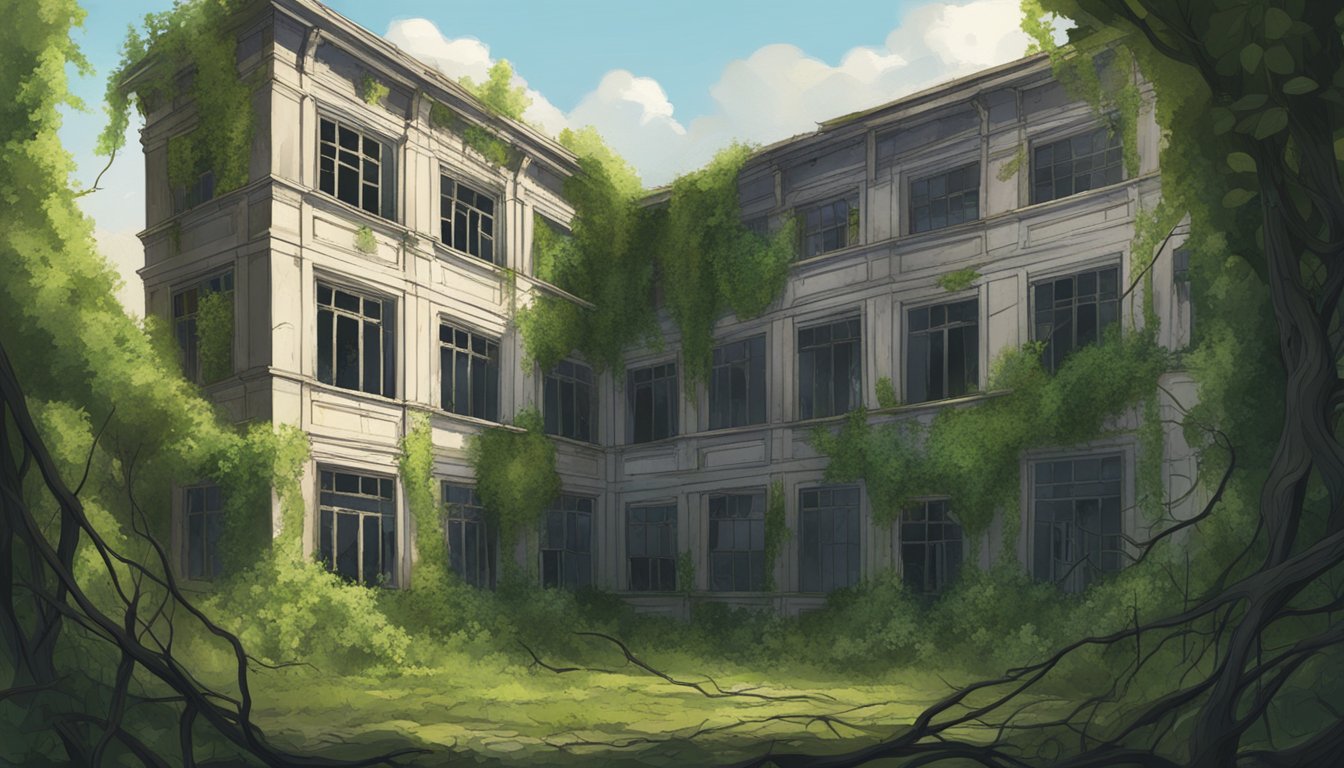 An abandoned asylum with overgrown vines and broken windows