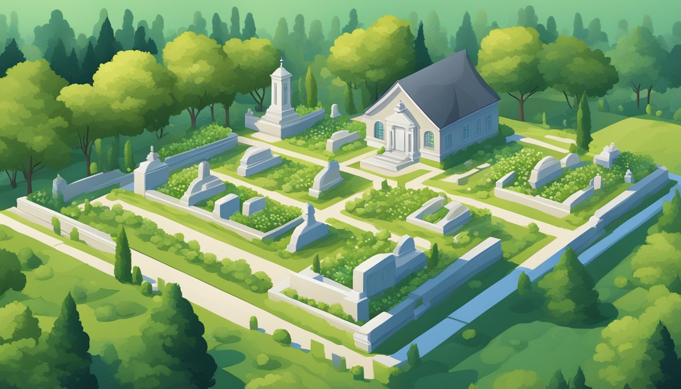 A serene cemetery with neatly arranged burial plots, surrounded by a quaint house nestled amidst lush greenery