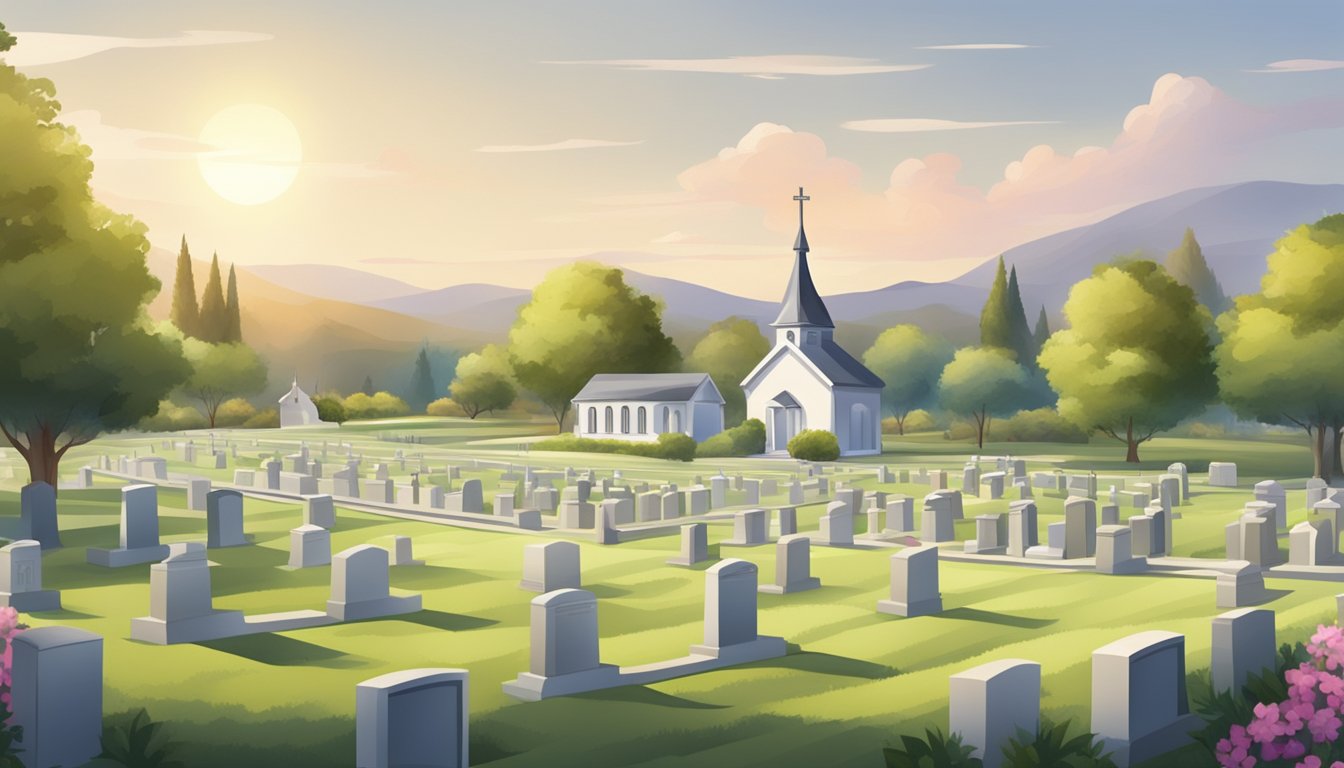 A serene cemetery with rows of burial plots, surrounded by a peaceful landscape and a small chapel for funeral services