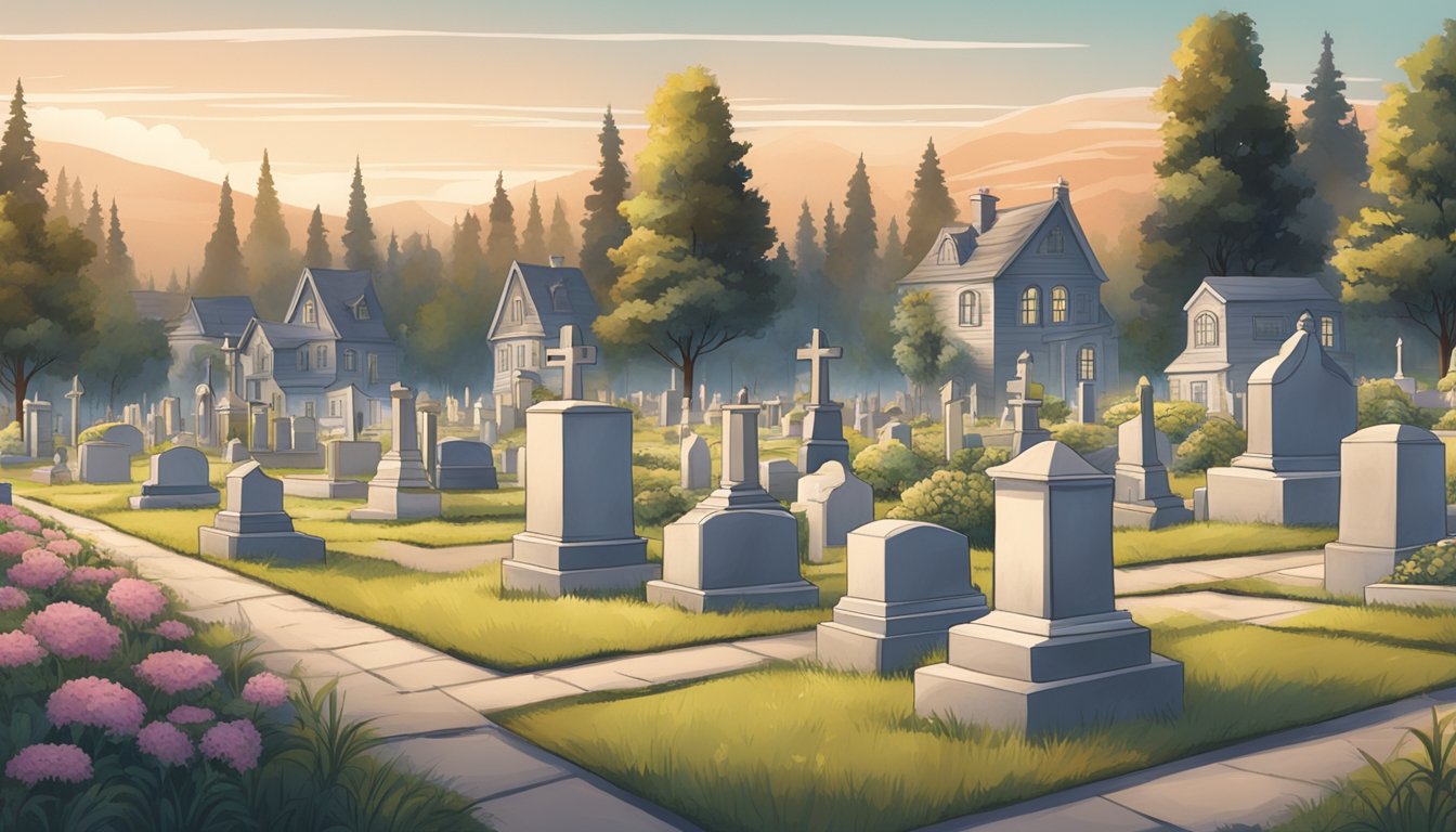 A serene cemetery with rows of burial plots, overlooked by a cozy house nestled in the distance