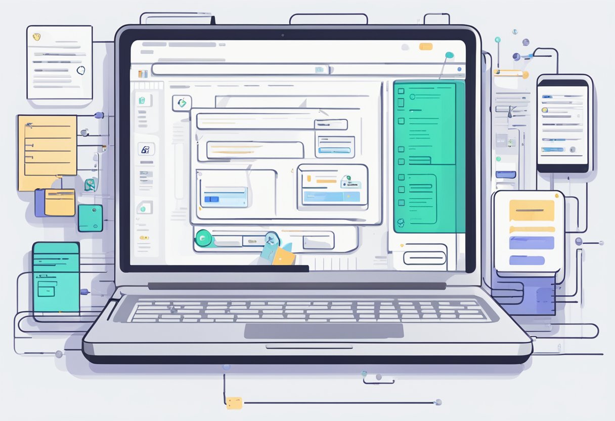 Um laptop aberto em uma interface de construtor de fluxo na tela, com vários caminhos de conversa de chatbot exibidos, cercado por um caderno e uma caneta para anotações.