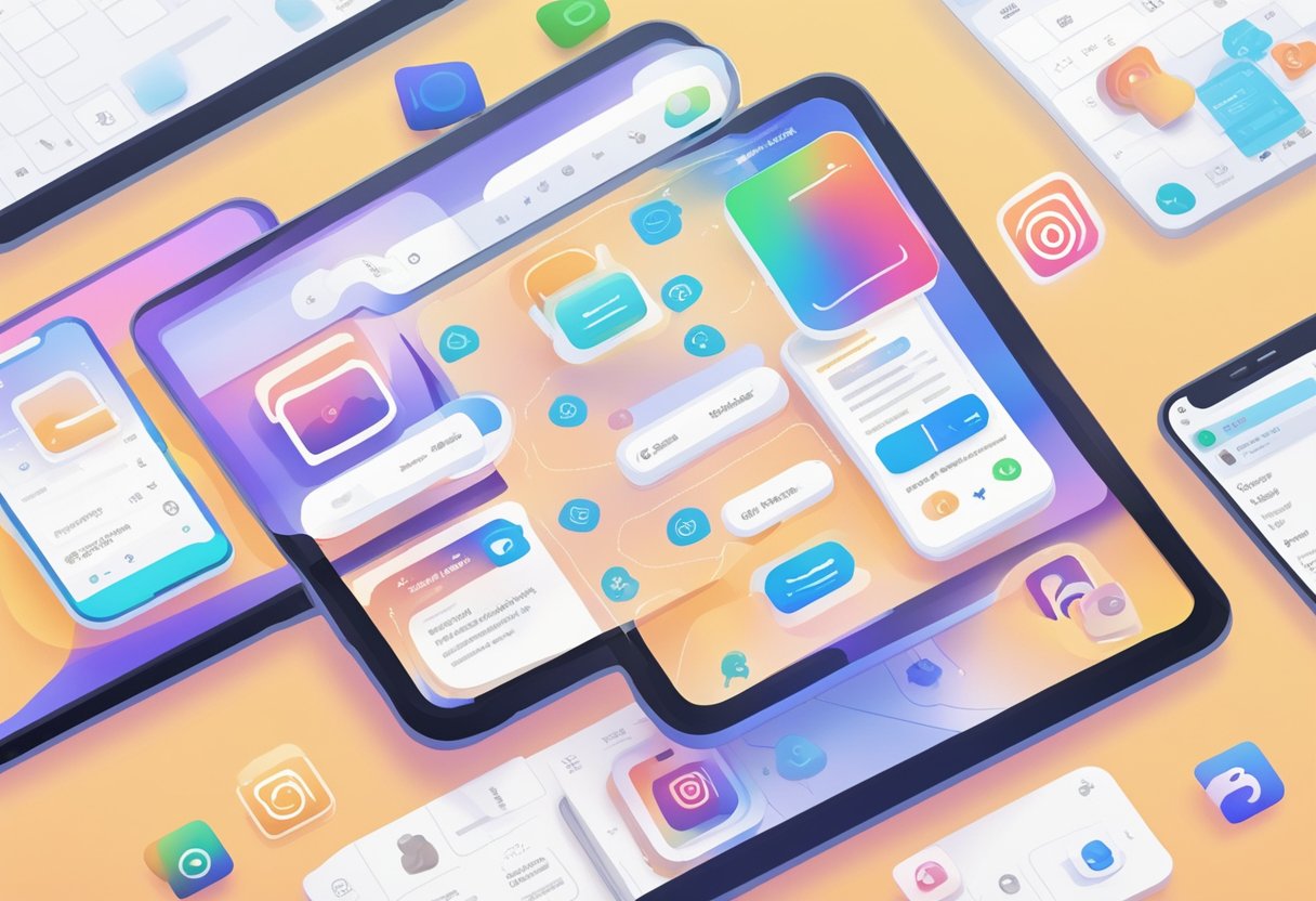 Um smartphone moderno exibindo o aplicativo Instagram com a configuração avançada e o recurso de personalização abertos, ao lado de uma tela de computador mostrando os fundamentos do Flow Builder no ManyChat.