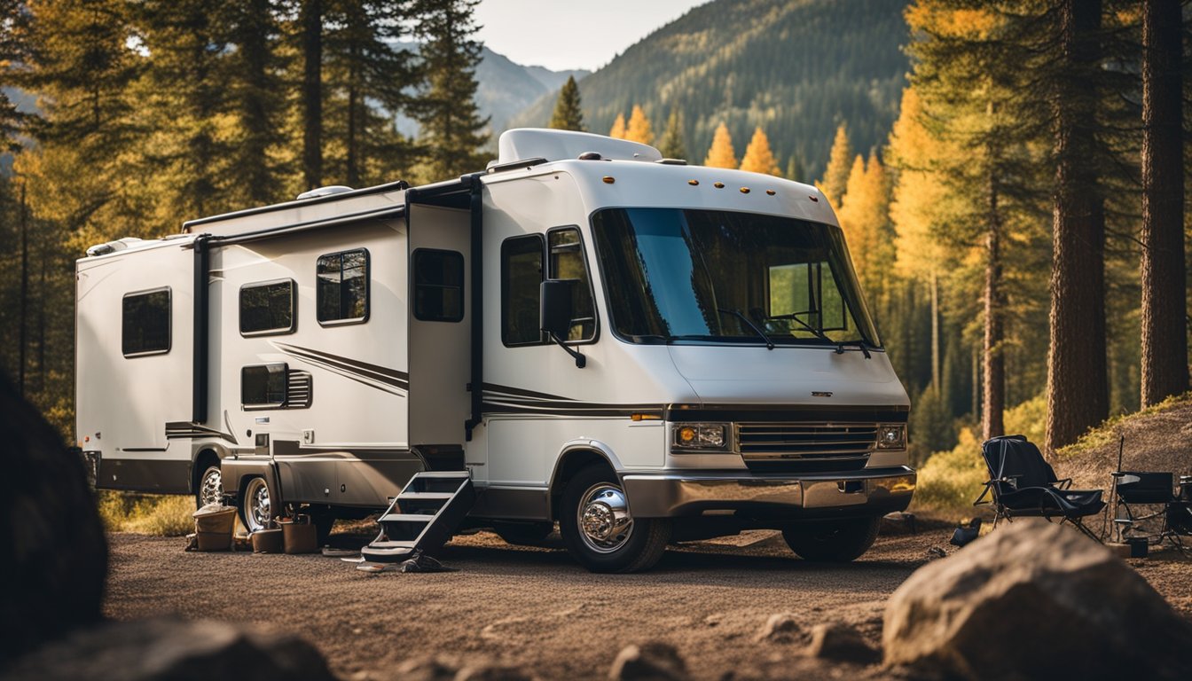 An RV parked in a scenic spot, surrounded by mountains and trees, with a repair technician working on the vehicle