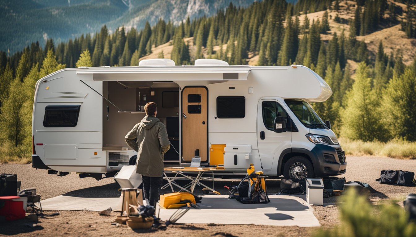 A mobile RV repair technician working on a motorhome in a picturesque outdoor setting with mountains in the background