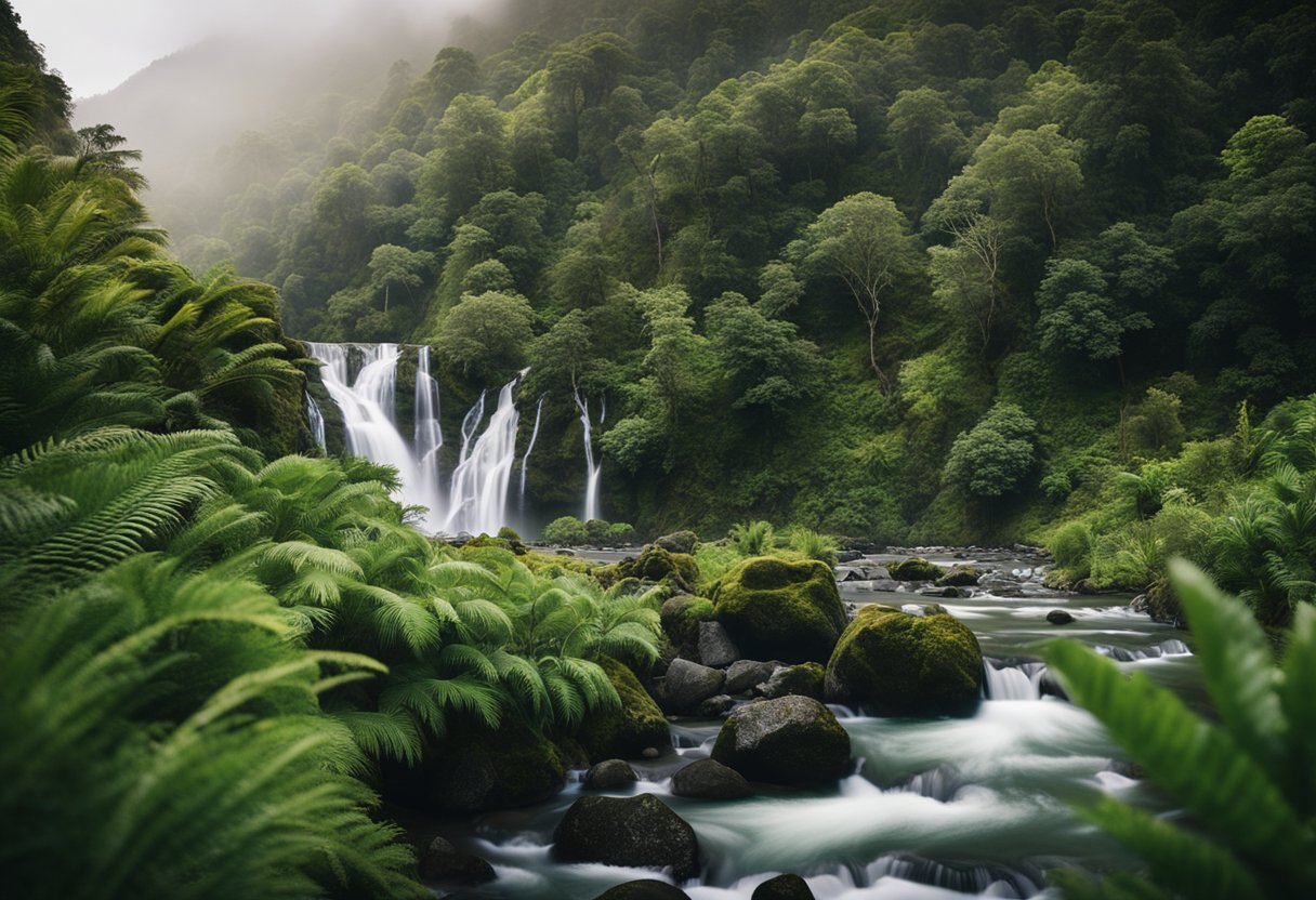 A tranquil New Zealand landscape with a misty waterfall and lush greenery, evoking a sense of peace and serenity