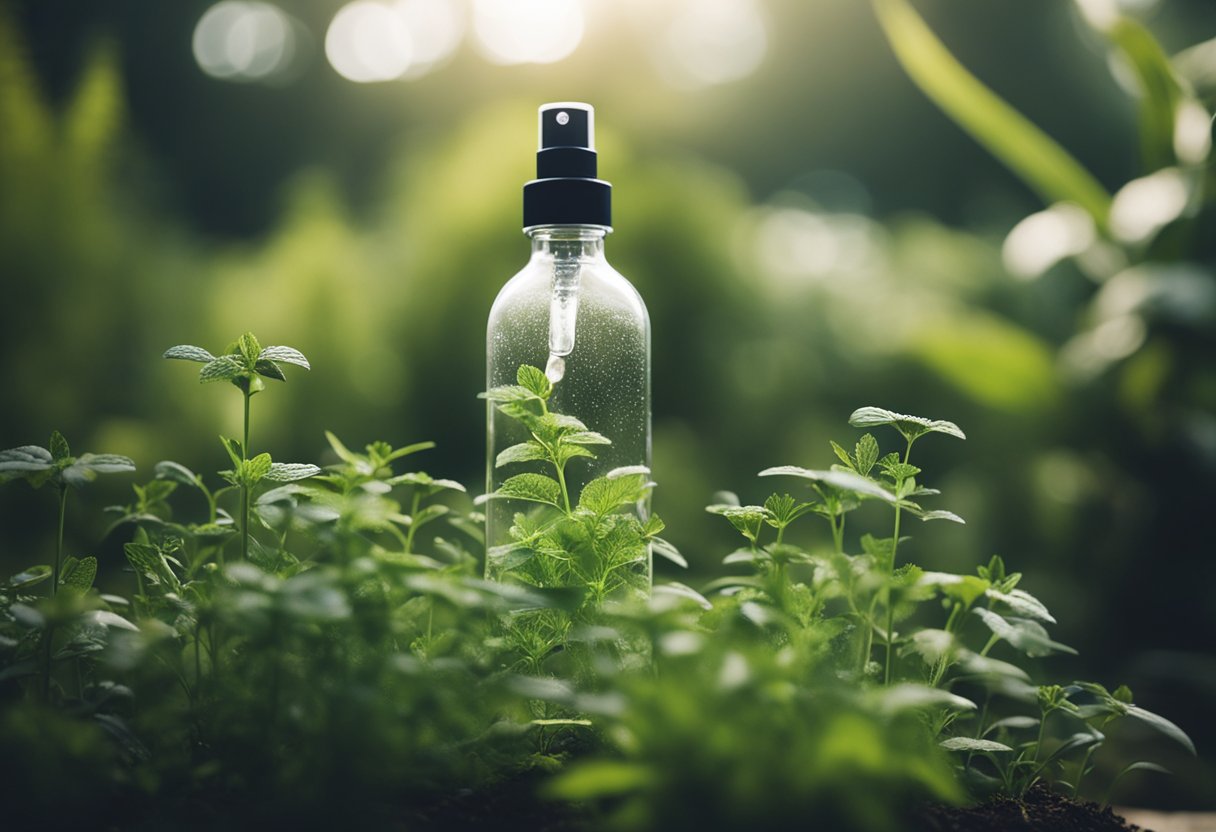 A serene garden with a variety of herbs and plants, a misty spray bottle in the foreground