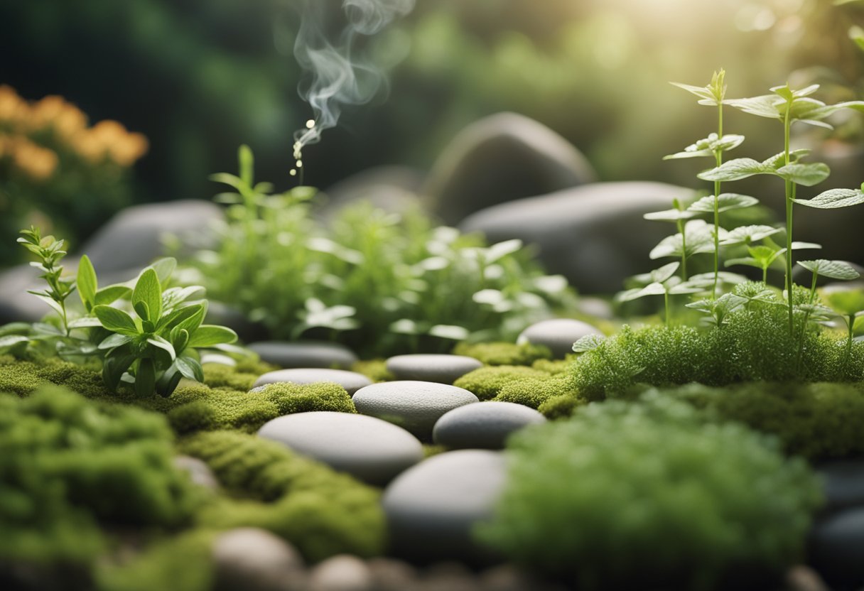 A serene Zen garden with aromatic herbs and a mist of herbal liniment spray in the air