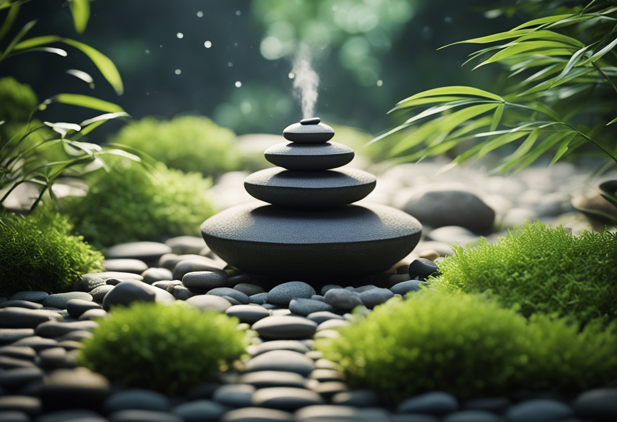 A serene Zen garden with bamboo, stones, and a mist of spray in the air