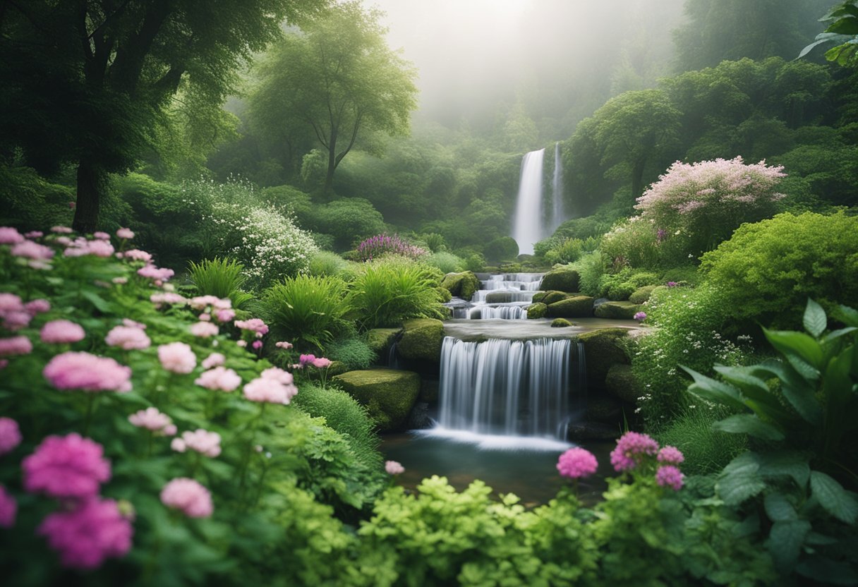 A serene, green garden with a misty waterfall, surrounded by blooming herbs and flowers