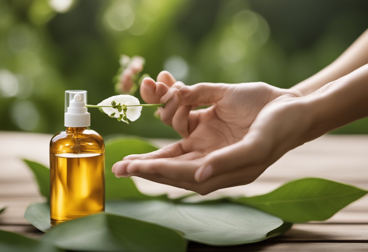 A serene scene of a person applying Zen Herbal Liniment spray to soothe muscles, with natural ingredients and calming aromas surrounding them