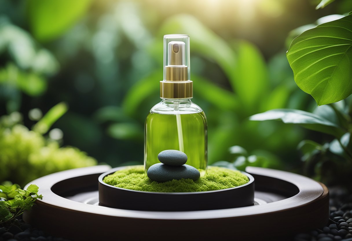 A peaceful Zen garden with a bottle of Zen spray in the center, surrounded by lush greenery and a serene atmosphere