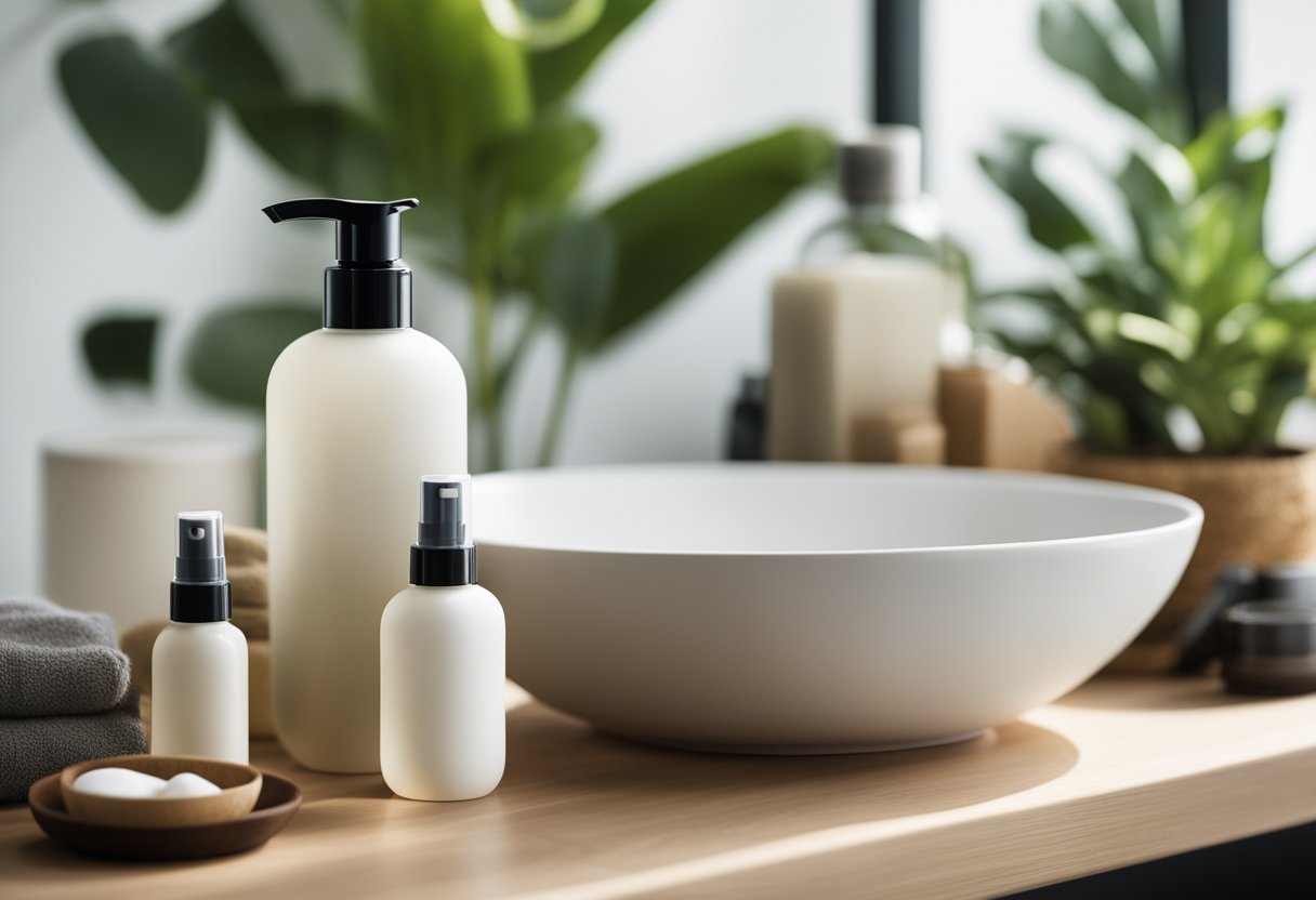 A serene, minimalist bathroom shelf with Zen Spray nestled among other wellness products, surrounded by soft, natural light