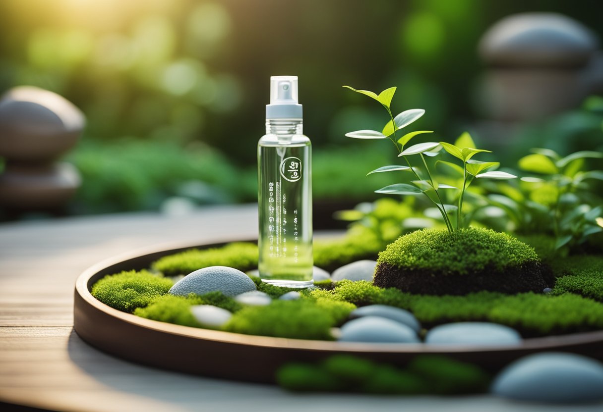 A serene Zen garden with a spray bottle and lush greenery, surrounded by glowing endorsements and expert opinions