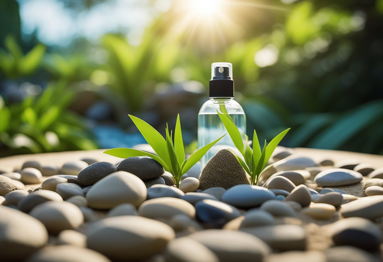 A serene Zen garden with a spray bottle nestled among pebbles and bamboo, surrounded by tranquil greenery under a clear blue sky