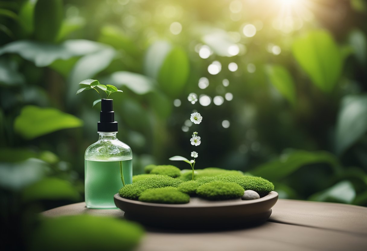 A serene Zen garden with a spray bottle surrounded by lush greenery and peaceful ambiance