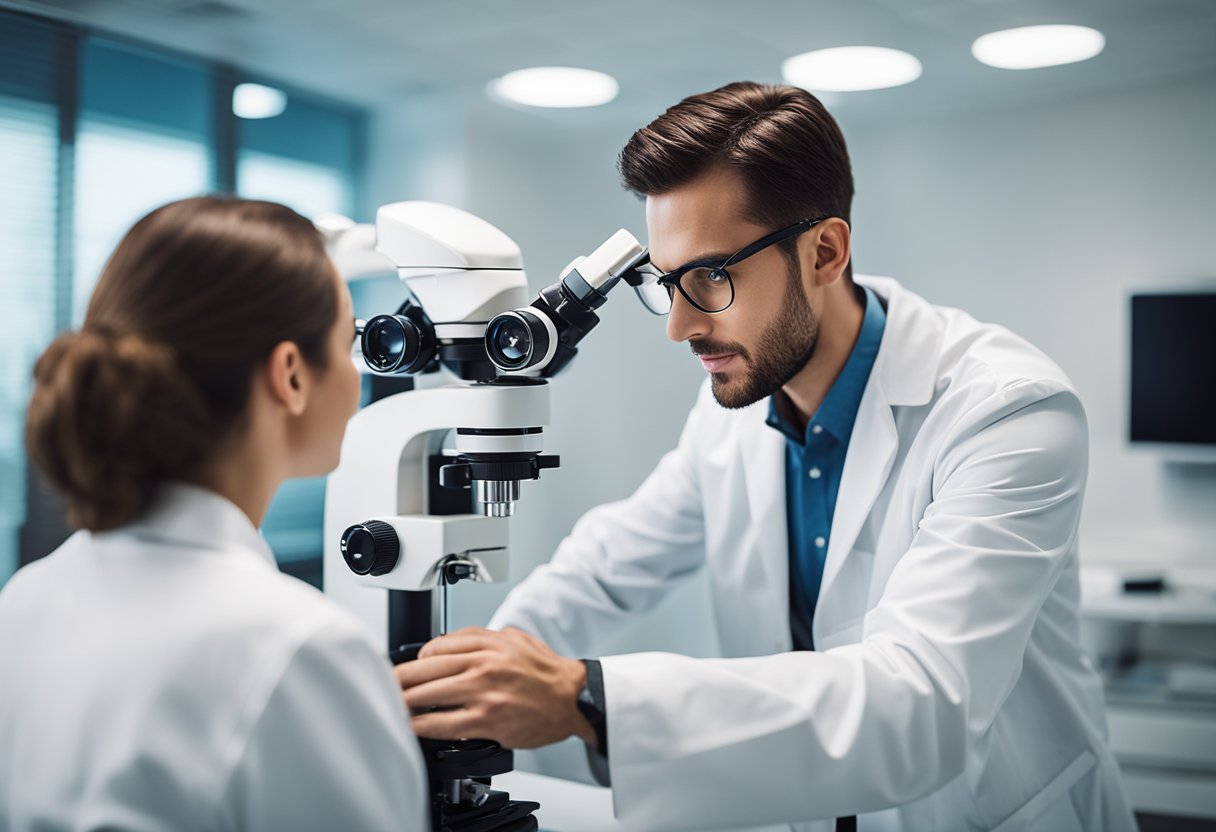 Un optometrista examinando los ojos de un paciente en un entorno clínico moderno 