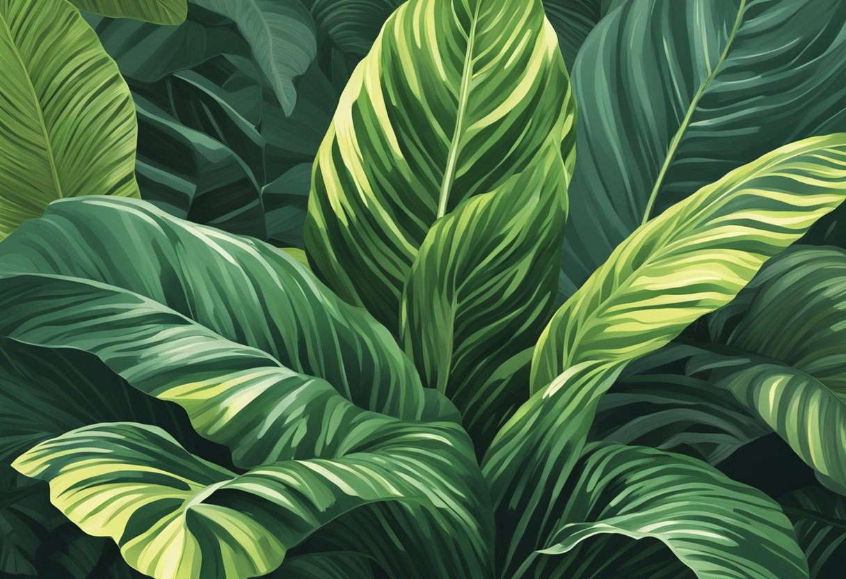 Lush, tropical foliage of Calathea Exotica in a dappled forest setting with sunlight filtering through the leaves