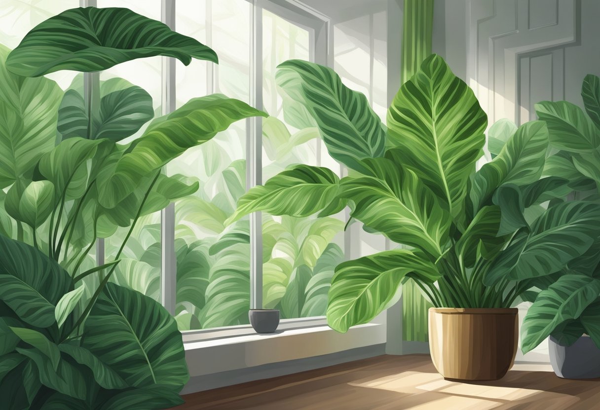 Lush green leaves of Calathea Exotica, surrounded by gentle mist and dappled sunlight in a peaceful indoor setting