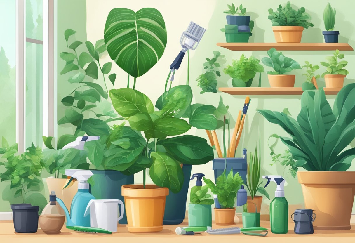 A lush, green houseplant surrounded by various pest management tools and products, with a focus on maintaining the plant's health