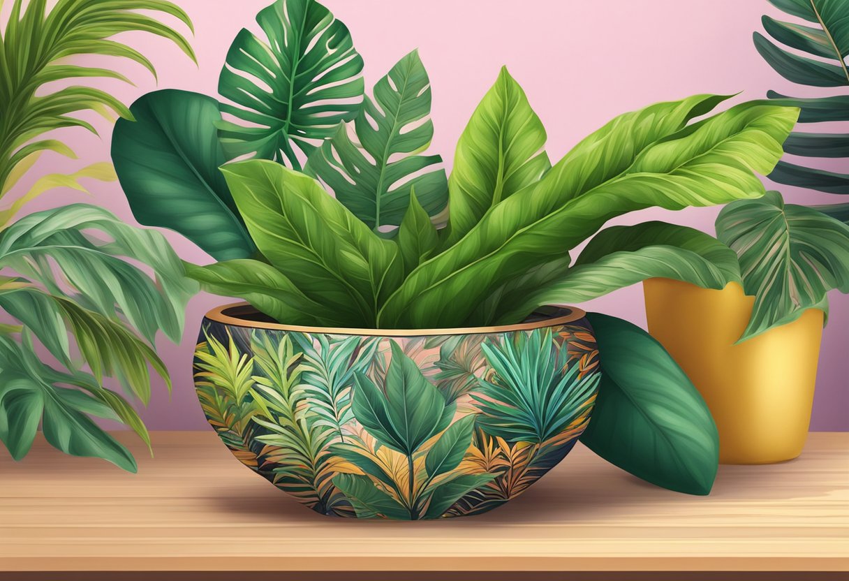 A lush, tropical plant with striking patterned leaves sits in a decorative pot on a wooden table, surrounded by other vibrant green foliage