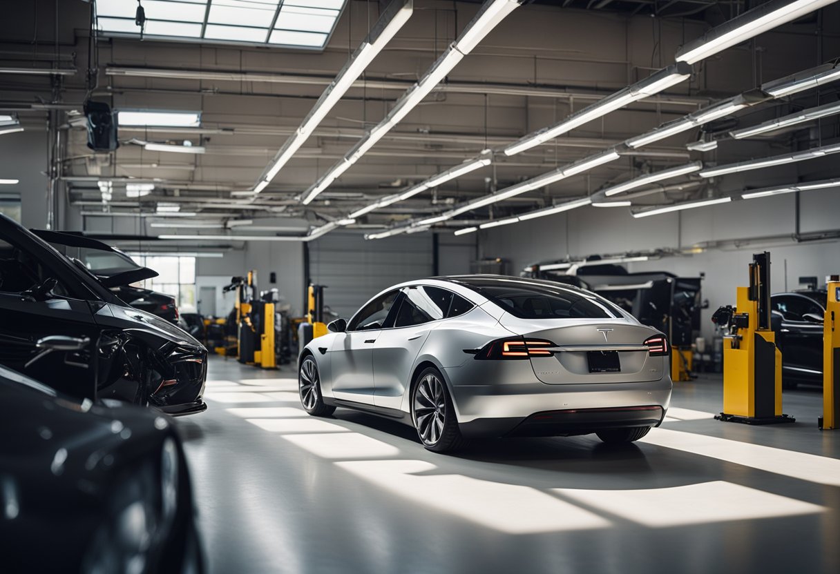 A sleek and modern Tesla certified body shop with electric vehicles being serviced and repaired by technicians in a spacious, well-lit garage