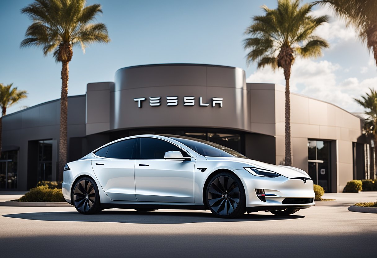 A sleek, modern Tesla vehicle parked in front of a pristine, well-equipped body shop with the Tesla Certified Body Shop logo prominently displayed