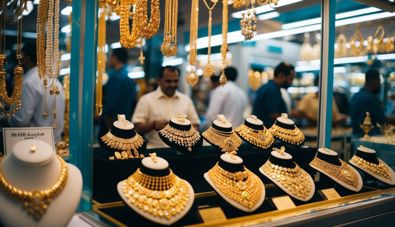 A bustling Dubai market with shimmering gold jewelry on display, showcasing the benefits of investing in gold