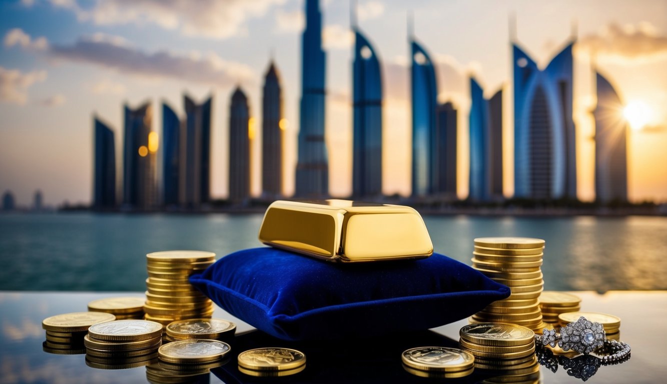 A gleaming gold bar sits atop a velvet cushion, surrounded by stacks of gold coins and intricate jewelry. The backdrop features the iconic Dubai skyline, symbolizing the city's status as a hub for gold investment