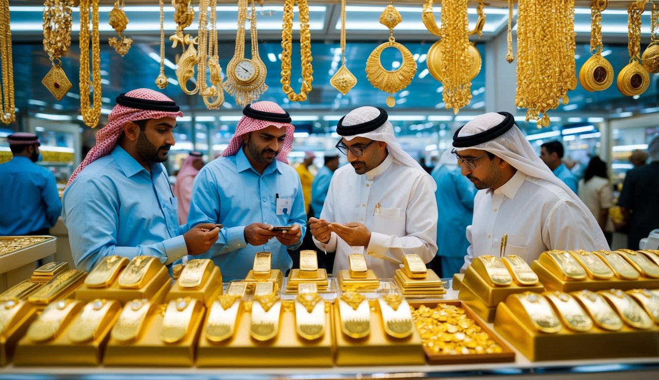 A bustling gold market in Dubai, with shimmering displays of gold jewelry and bars. Customers and traders engaging in lively discussions about gold rate and investment benefits